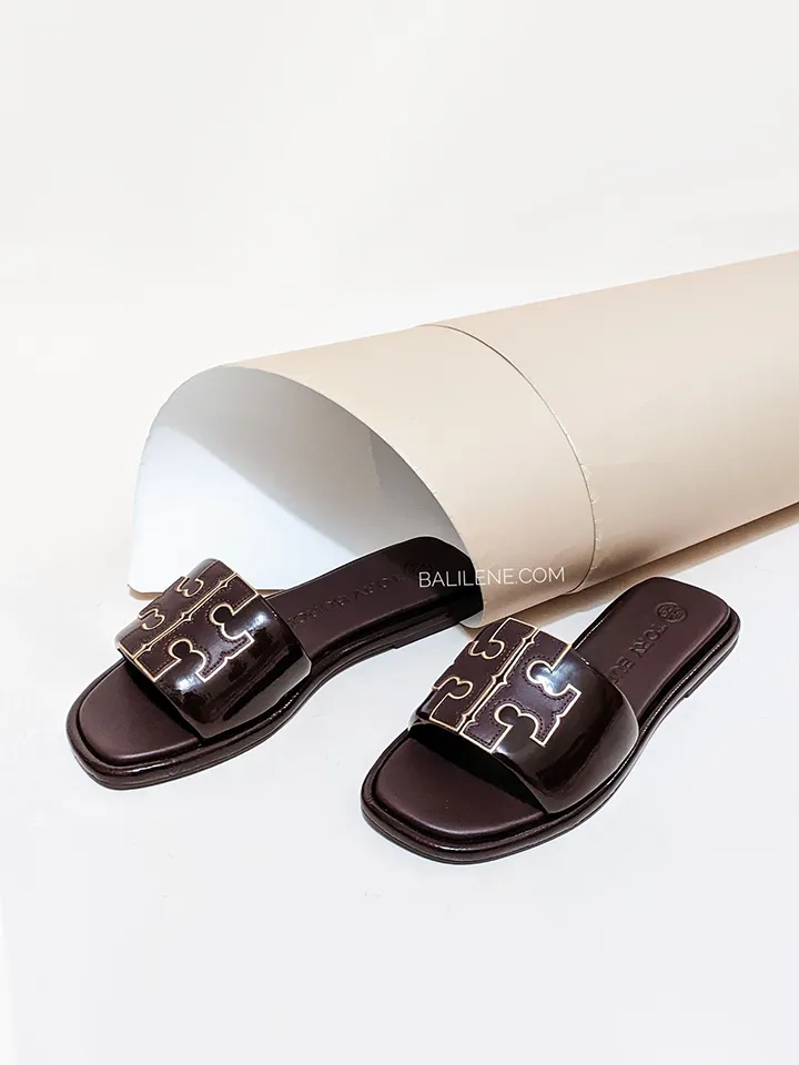 Tory Burch Double T Sport Slide Metallic Calf Leather Plum