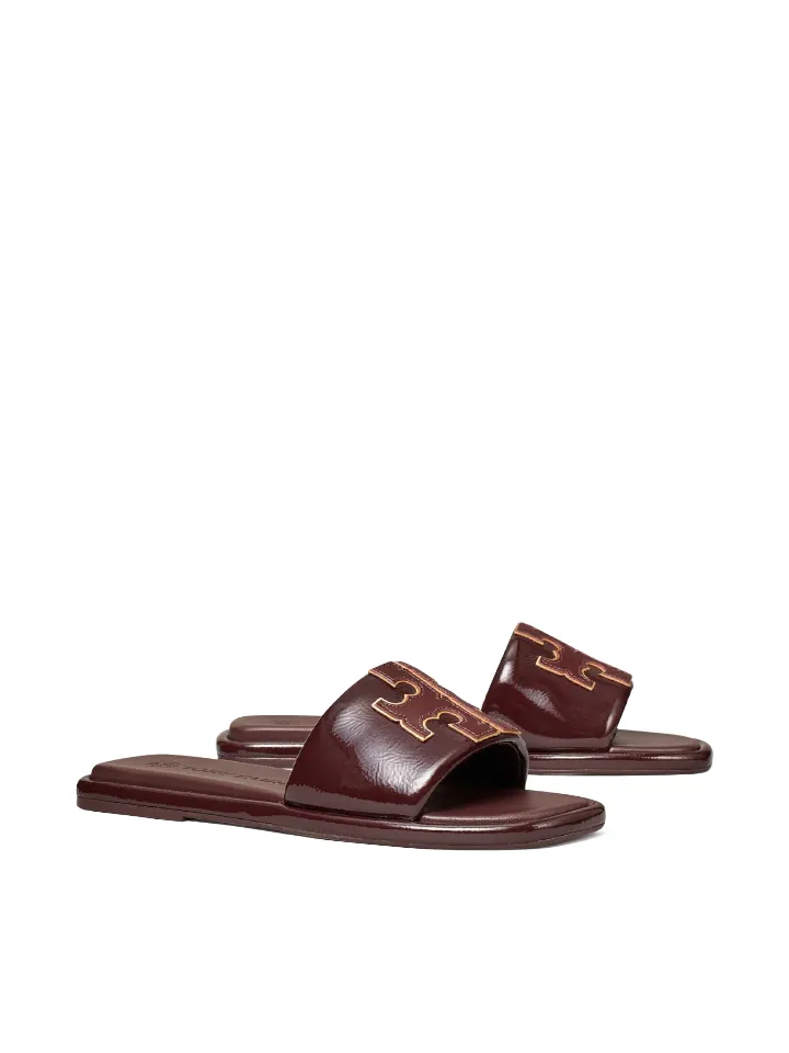 Tory Burch Double T Sport Slide Metallic Calf Leather Plum
