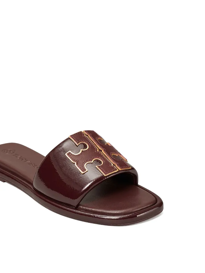 Tory Burch Double T Sport Slide Metallic Calf Leather Plum