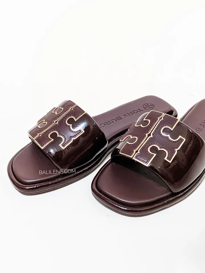 Tory Burch Double T Sport Slide Metallic Calf Leather Plum