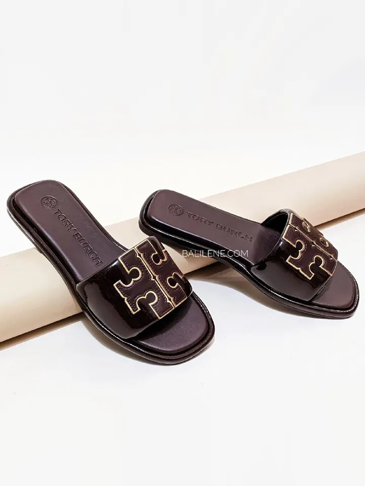Tory Burch Double T Sport Slide Metallic Calf Leather Plum