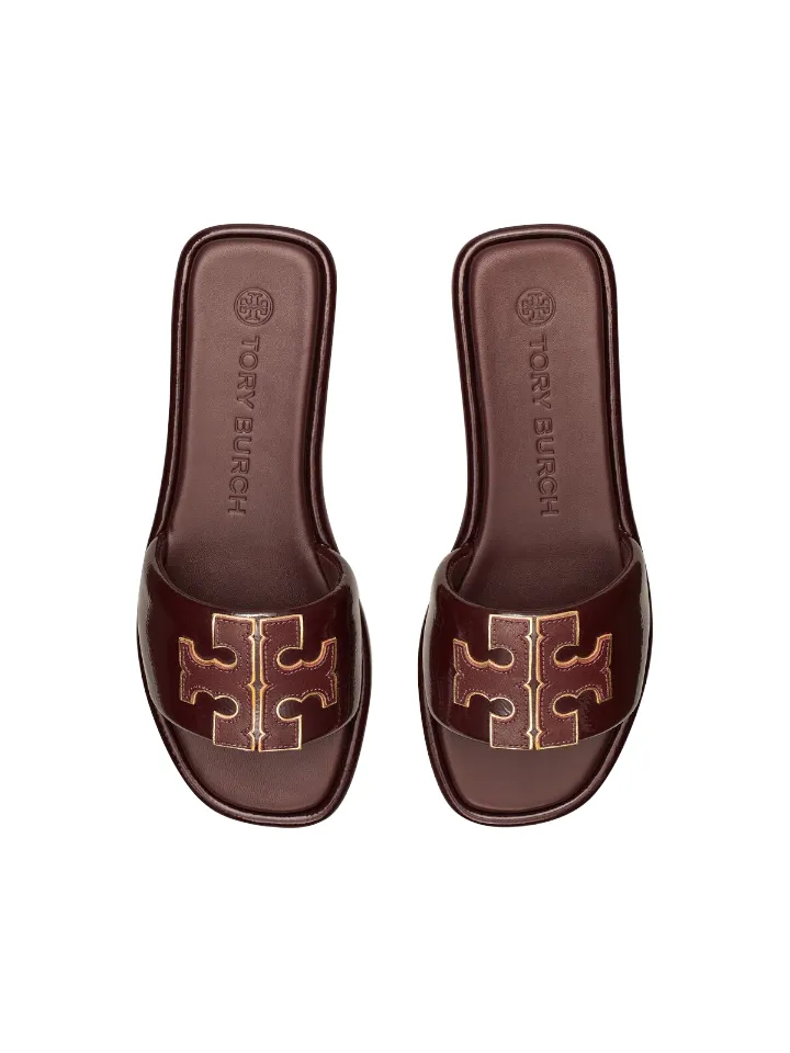 Tory Burch Double T Sport Slide Metallic Calf Leather Plum
