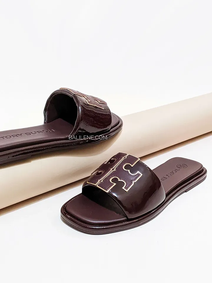 Tory Burch Double T Sport Slide Metallic Calf Leather Plum