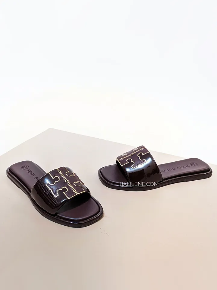 Tory Burch Double T Sport Slide Metallic Calf Leather Plum