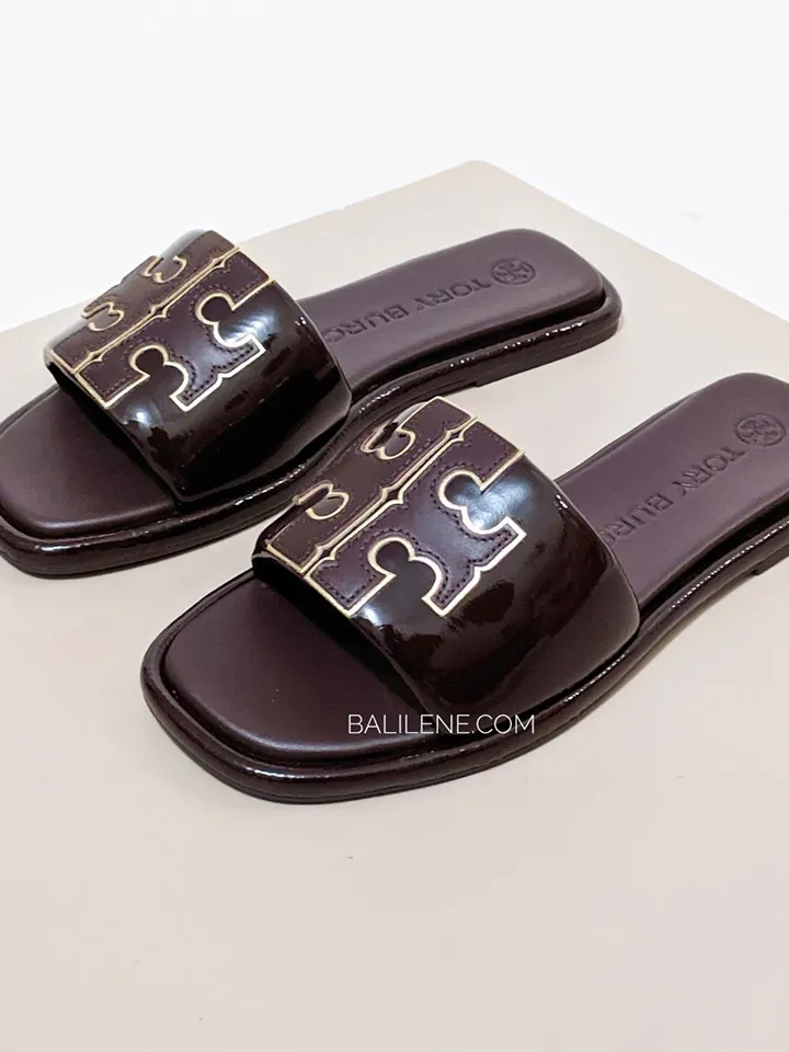 Tory Burch Double T Sport Slide Metallic Calf Leather Plum