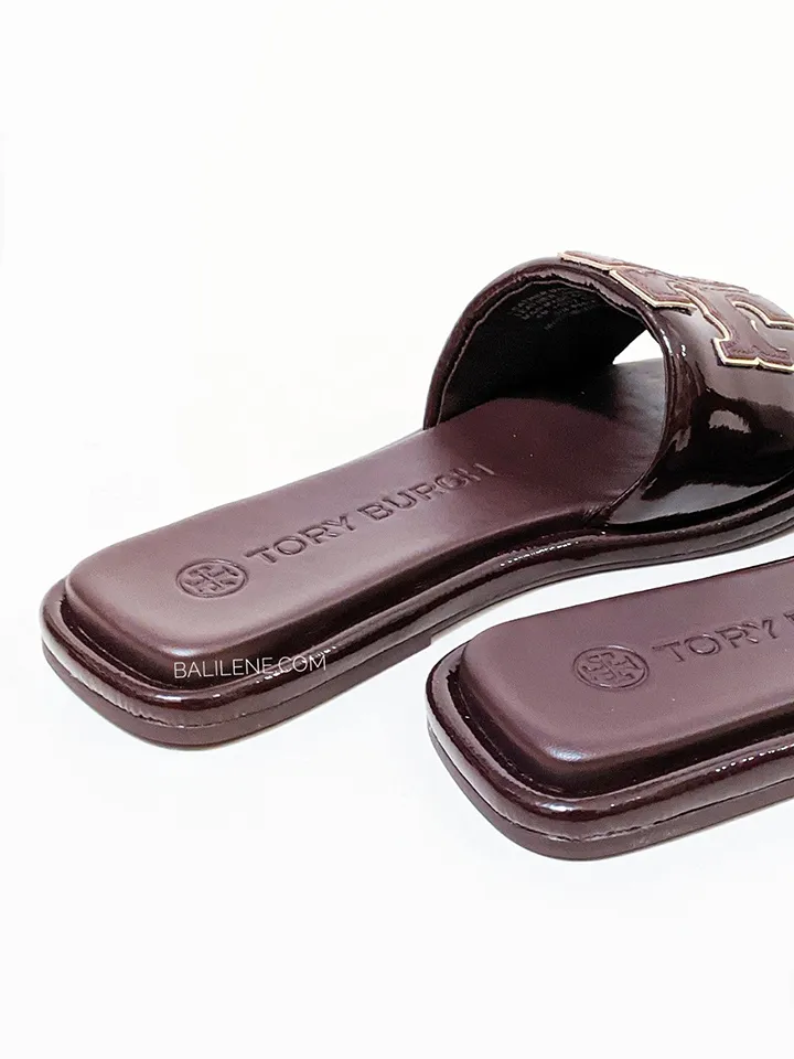 Tory Burch Double T Sport Slide Metallic Calf Leather Plum