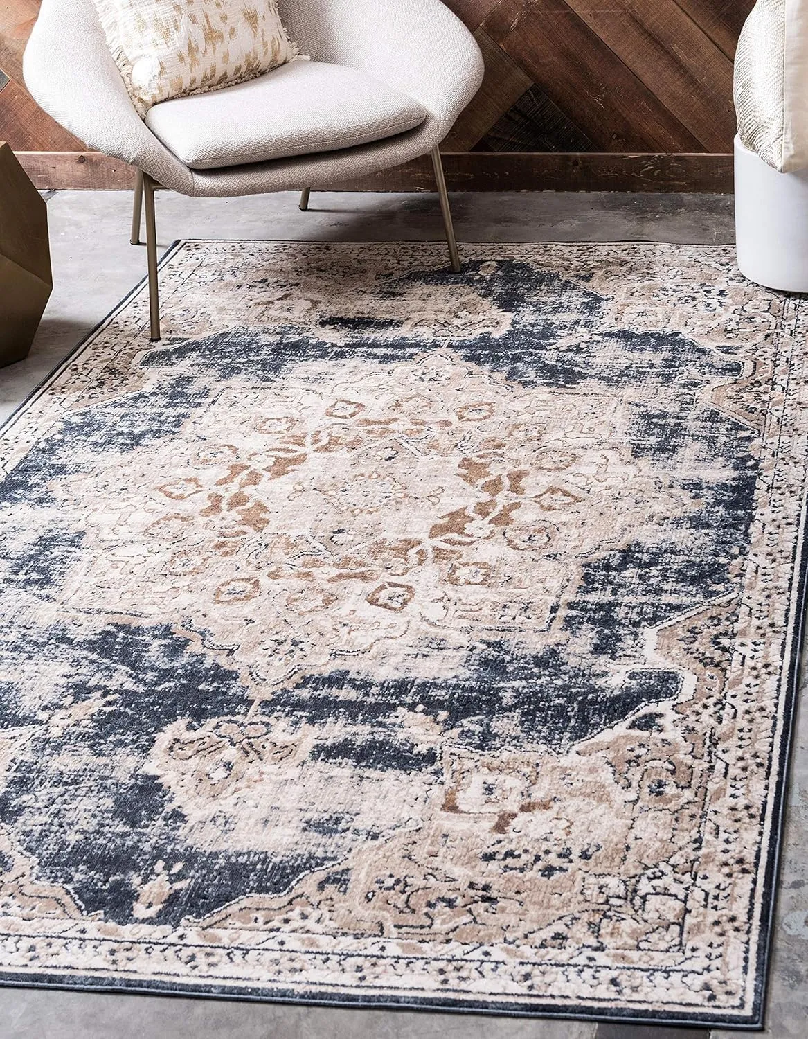 Unique Loom Chateau Collection Area Rug - Roosevelt (8' x 10' Rectangle, Dark Blue/ Beige)