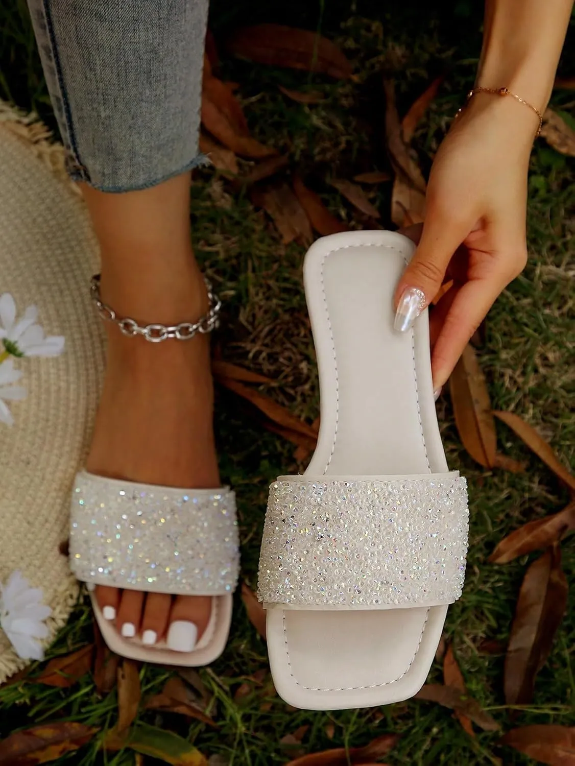 Verdusa Women's Rhinestone Sandals Glitter Casual Sandal Flats Open Toe Sparkle Slides