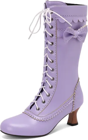 Victorian Boots for Women Vintage Bow Mid Calf Boots Costume Lace Up Goth Boots Halloween Witch Stuff Cuban Heel Mid Boots