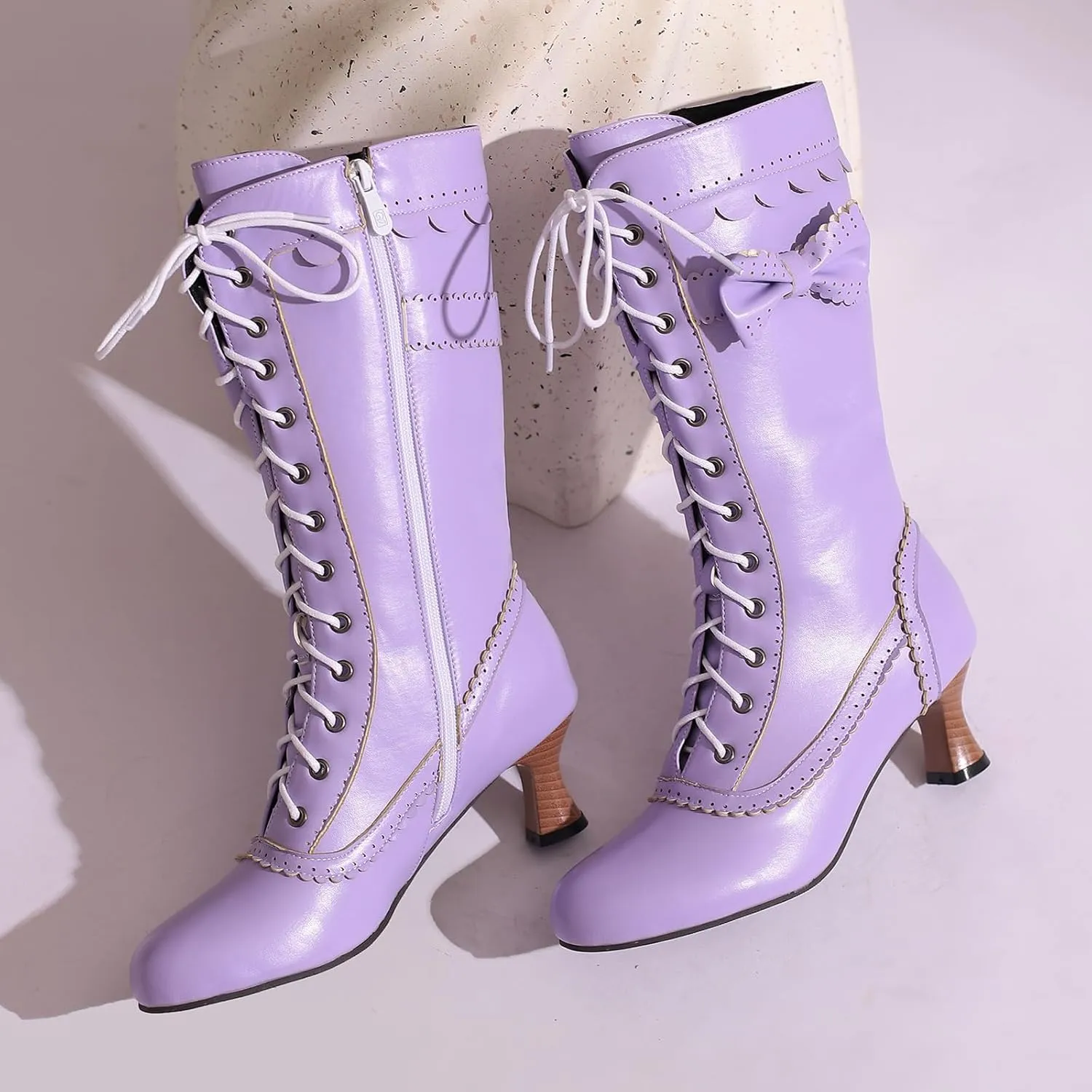 Victorian Boots for Women Vintage Bow Mid Calf Boots Costume Lace Up Goth Boots Halloween Witch Stuff Cuban Heel Mid Boots