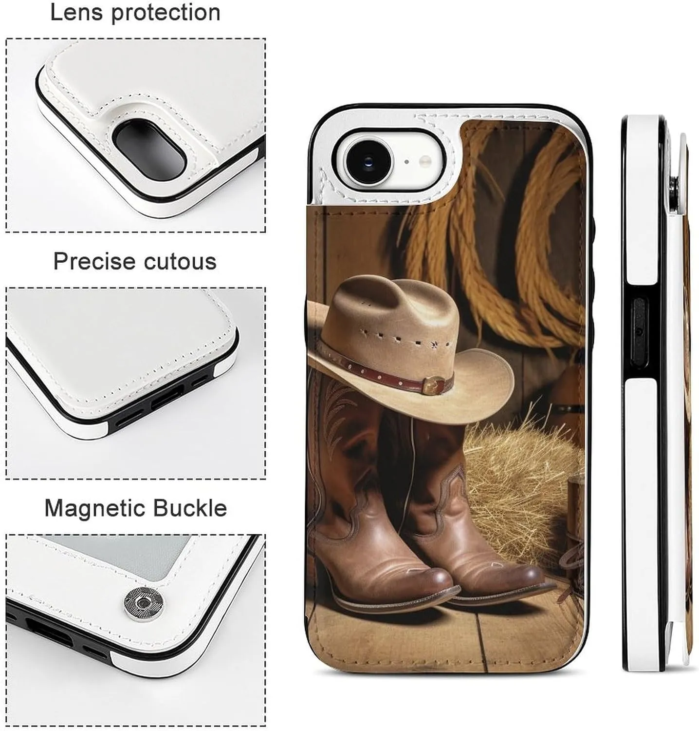 Wallet Cases for iPhone 16 E, Cowboy Hat Western Boot Prints Flip Leather Phone Case Cover with Card Slots Holder