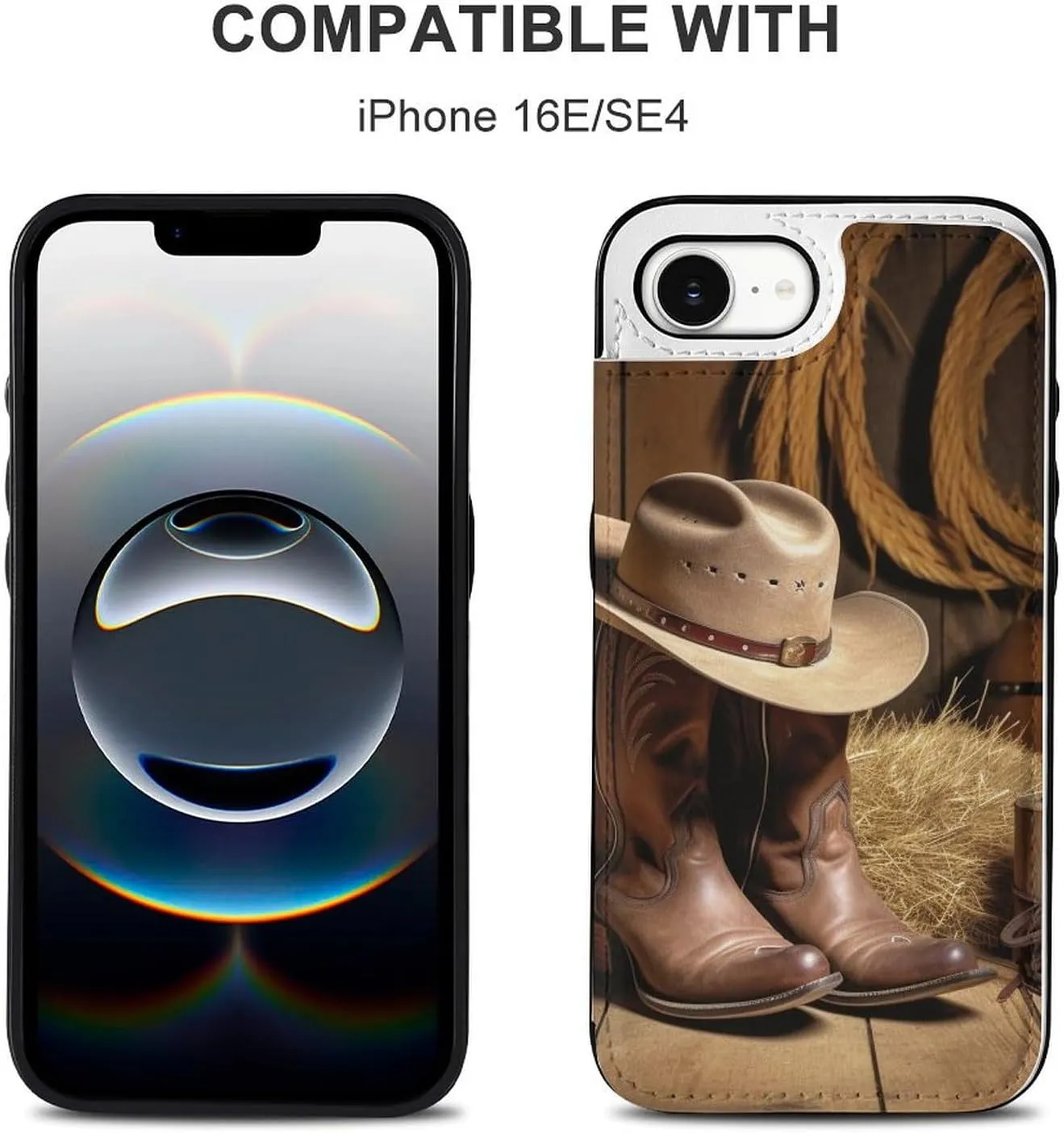 Wallet Cases for iPhone 16 E, Cowboy Hat Western Boot Prints Flip Leather Phone Case Cover with Card Slots Holder