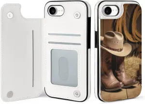 Wallet Cases for iPhone 16 E, Cowboy Hat Western Boot Prints Flip Leather Phone Case Cover with Card Slots Holder