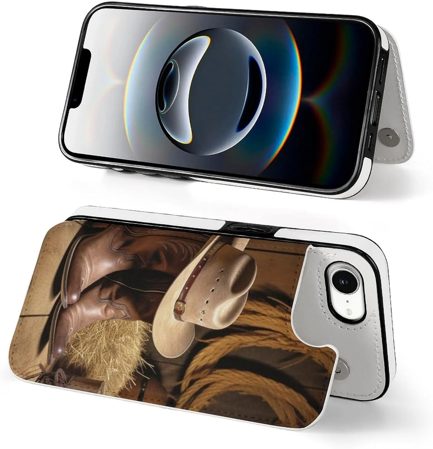 Wallet Cases for iPhone 16 E, Cowboy Hat Western Boot Prints Flip Leather Phone Case Cover with Card Slots Holder