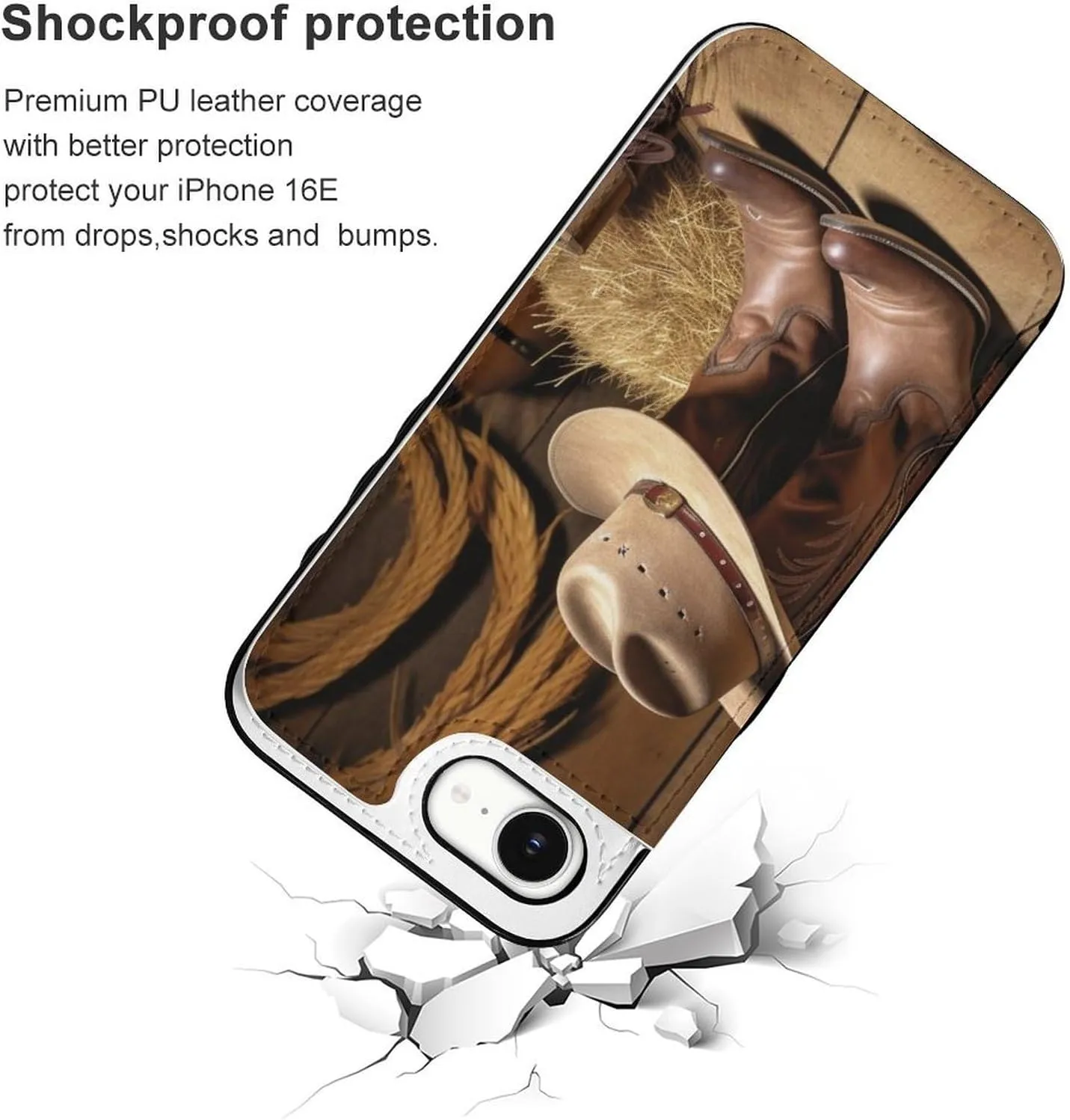 Wallet Cases for iPhone 16 E, Cowboy Hat Western Boot Prints Flip Leather Phone Case Cover with Card Slots Holder