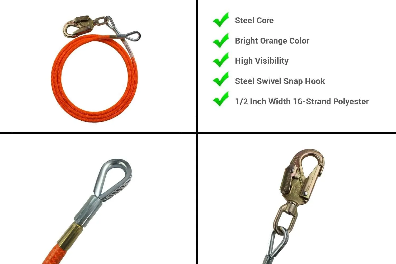 Wire Steel Core Flip Line Climbing Lanyard - 1/2 inch x 8 feet | Chainsaw Lanyard, Arborist Equipment for Climbing and Use with Spikes and Gaffs