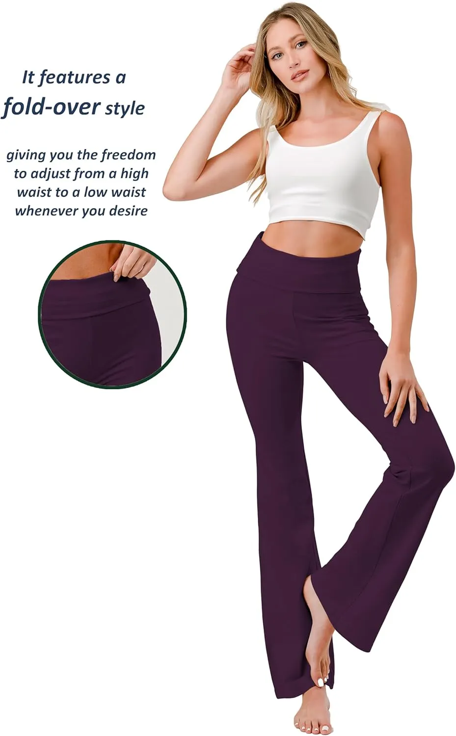 Woman Fold Over Waist Flare Boots Cut Cotton Stretch Yoga Pants Leggings