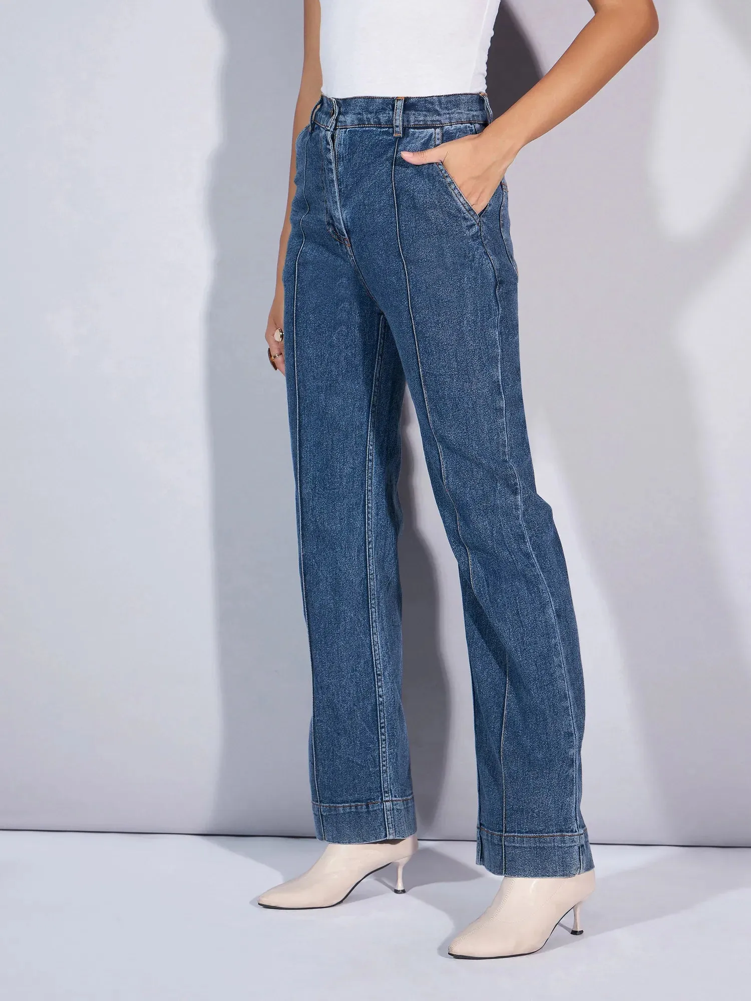 Women Blue Mid Rise Boot Cut Jeans-SFJEAN0559