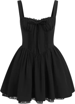 Women Corset Dress Floral Mini Dress Sexy Spaghetti Straps Low Cut Lace Short Dress Ruffle Summer Bustier Sundress