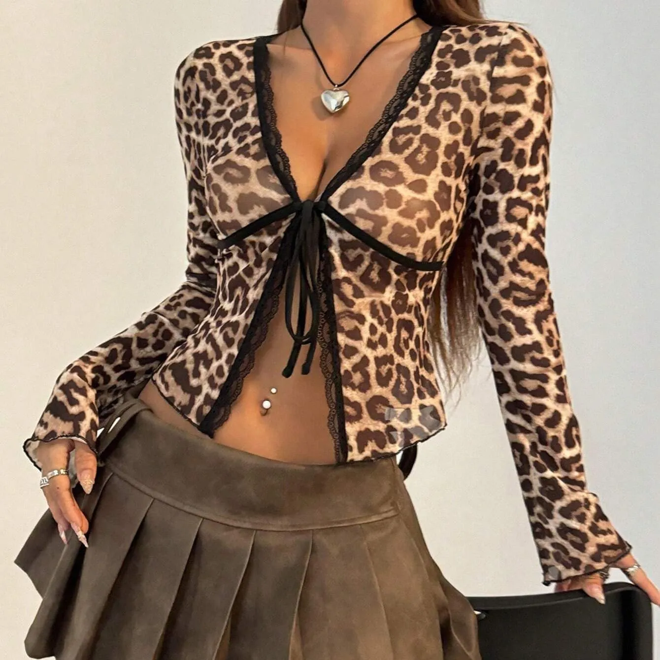 Women Sexy Bow Tie Front Leopard Print Sheer Blouse Y2k Low Cut Self Tie Lace Trim See Through Mesh Cropped Shirt