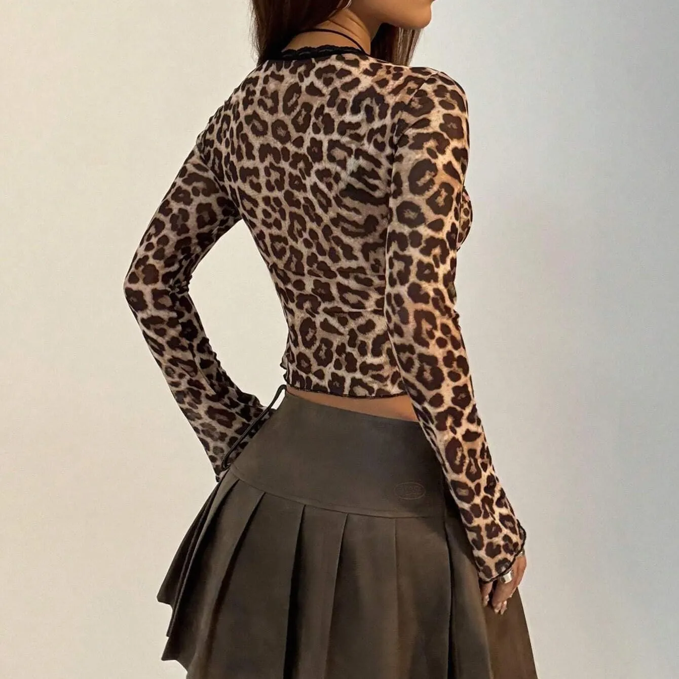Women Sexy Bow Tie Front Leopard Print Sheer Blouse Y2k Low Cut Self Tie Lace Trim See Through Mesh Cropped Shirt