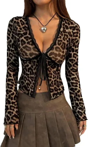 Women Sexy Bow Tie Front Leopard Print Sheer Blouse Y2k Low Cut Self Tie Lace Trim See Through Mesh Cropped Shirt