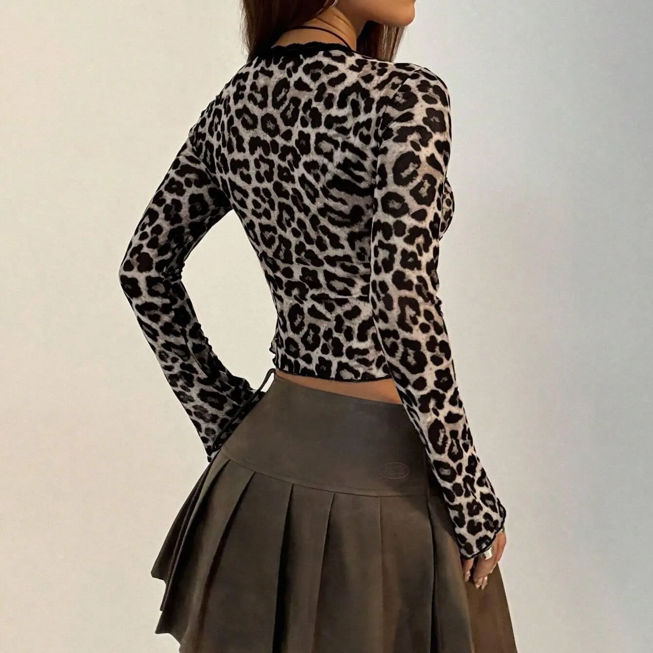 Women Sexy Bow Tie Front Leopard Print Sheer Blouse Y2k Low Cut Self Tie Lace Trim See Through Mesh Cropped Shirt