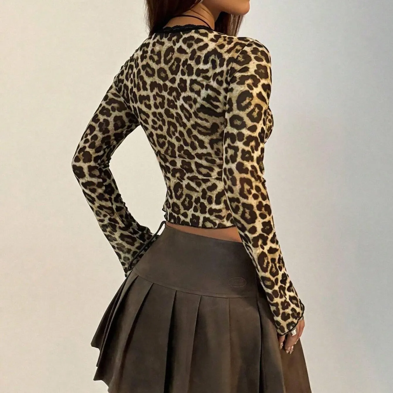 Women Sexy Bow Tie Front Leopard Print Sheer Blouse Y2k Low Cut Self Tie Lace Trim See Through Mesh Cropped Shirt