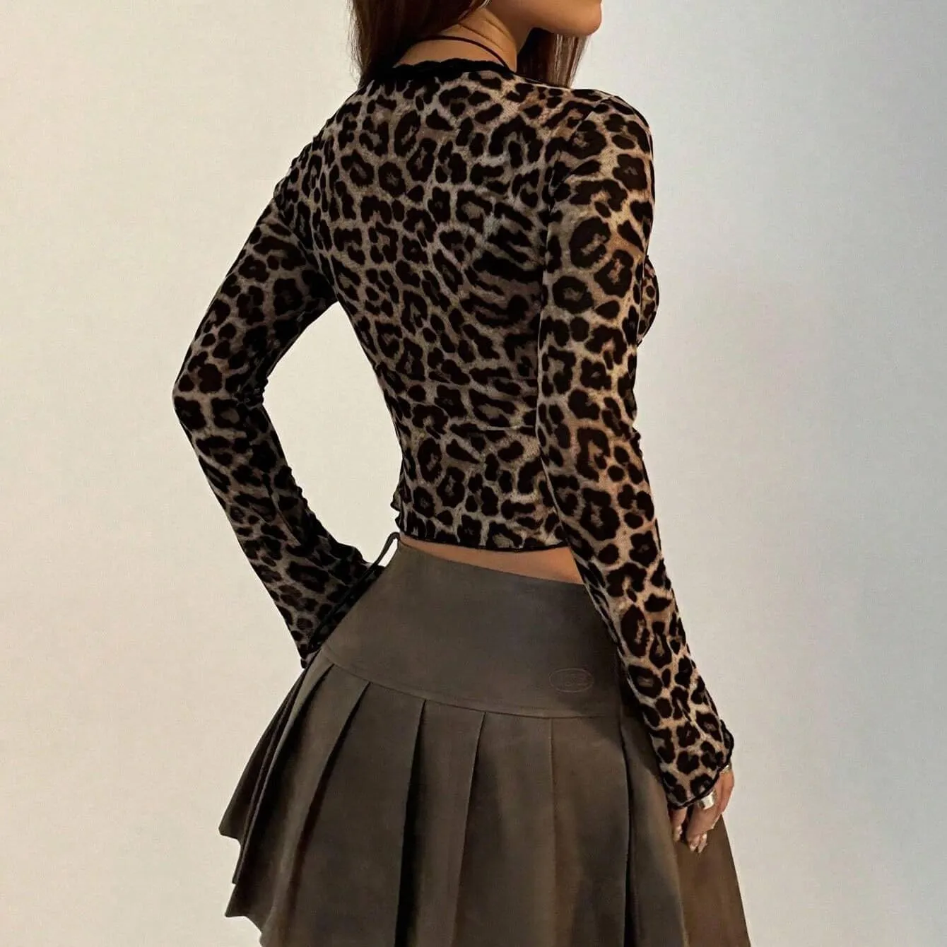 Women Sexy Bow Tie Front Leopard Print Sheer Blouse Y2k Low Cut Self Tie Lace Trim See Through Mesh Cropped Shirt
