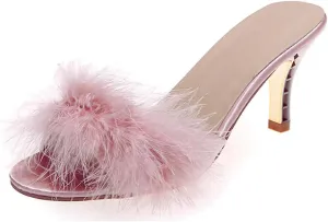 Women Sexy Slipper Cute Fuzzy Heels Furry Kitten Heels for Lingerie Wedding Birthday