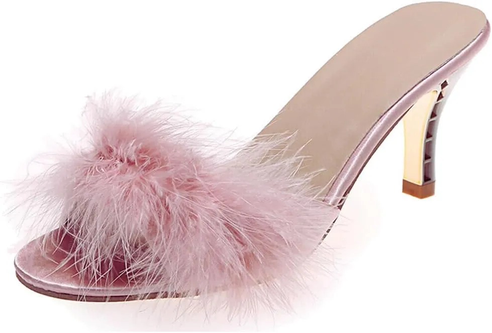 Women Sexy Slipper Cute Fuzzy Heels Furry Kitten Heels for Lingerie Wedding Birthday