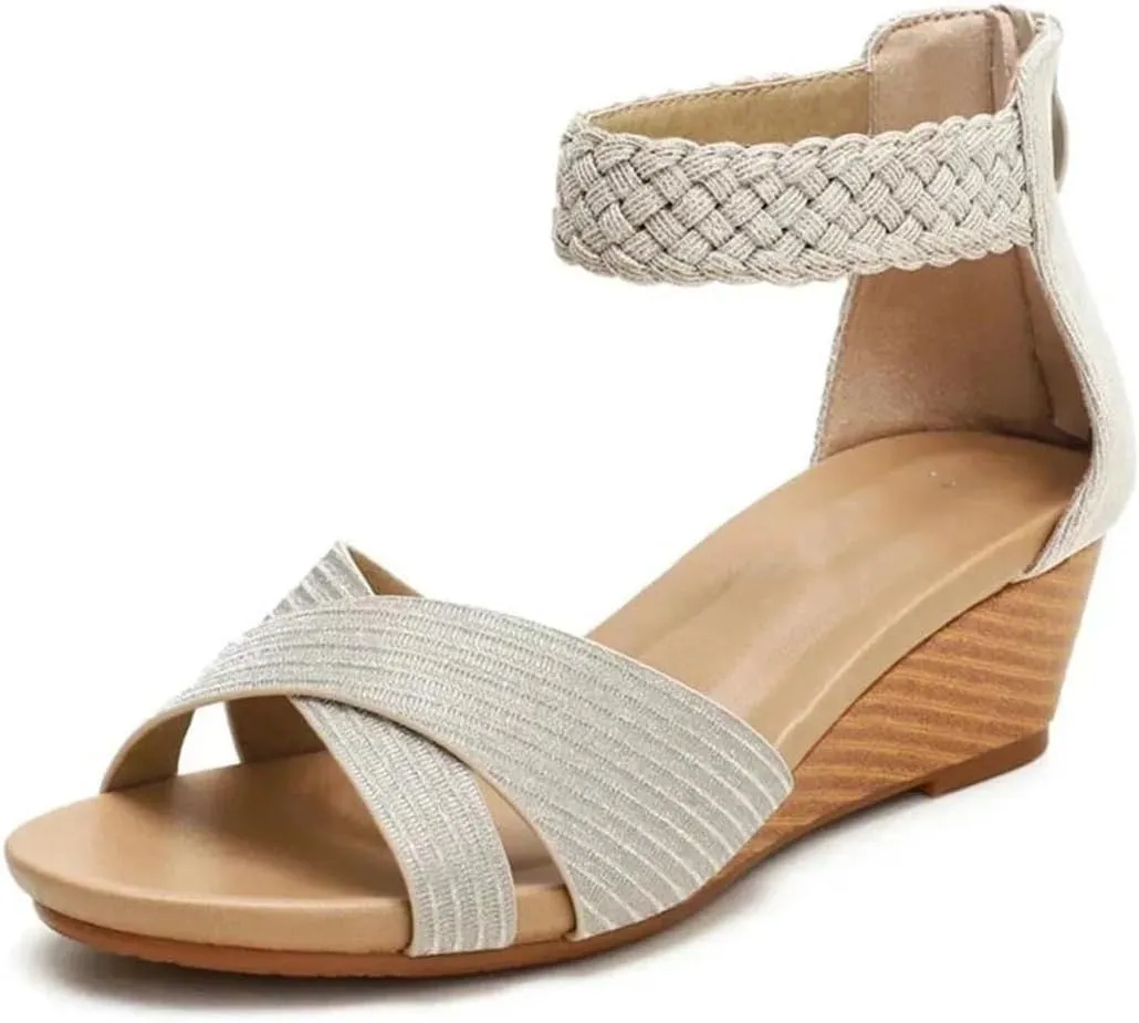 Women Weave Wedge Shoes Fashion Zipper Sandals Casual Beach Sandals