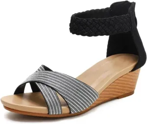 Women Weave Wedge Shoes Fashion Zipper Sandals Casual Beach Sandals