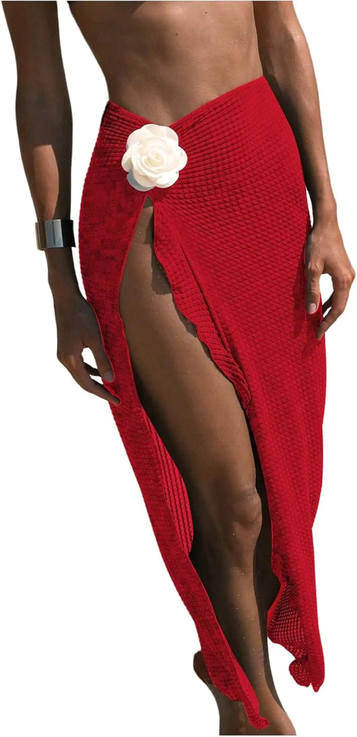Women's Beach Cover Up Skirt 3D Flower Crochet Out High Split Swimsuit Bathing Suit Beach Skirt