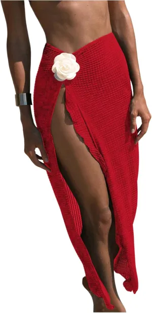 Women's Beach Cover Up Skirt 3D Flower Crochet Out High Split Swimsuit Bathing Suit Beach Skirt