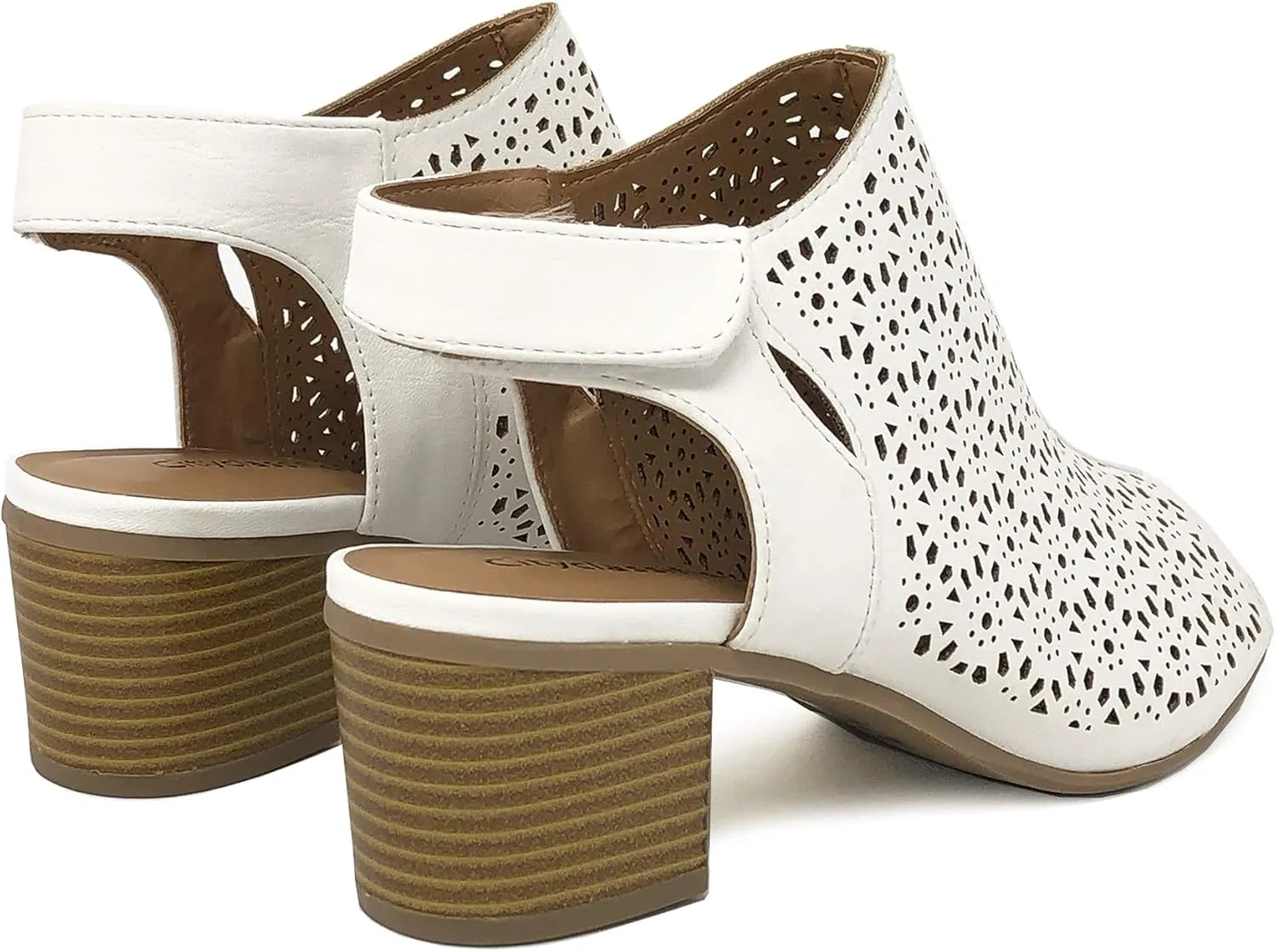 Women's Elect Caged Geometric Laser Cut Out Peep Toe Slingback Chunky Stacked Heel Ankle Bootie