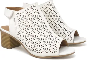 Women's Elect Caged Geometric Laser Cut Out Peep Toe Slingback Chunky Stacked Heel Ankle Bootie