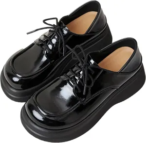 Women's Fashion Genuine Leather Lace-Up Chunky Platform Loafers Elegant Closed Round Head Comfortable Slip-On Oxford Shoes for Everyday Party Evening Night Dates