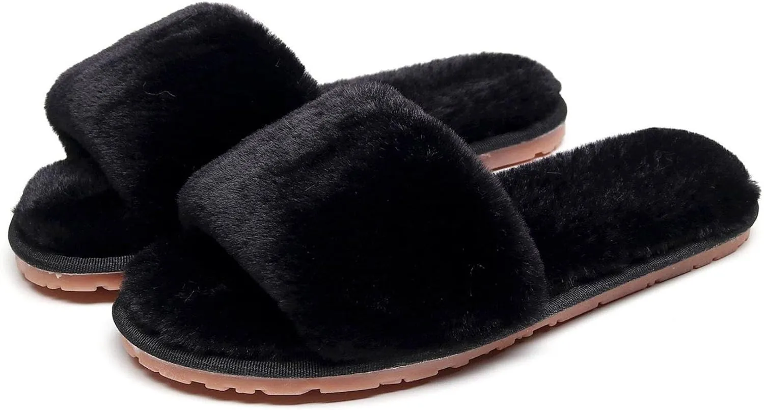 Women's Fuzzy Fluffy Furry Fur Slippers Flip Flop Open Toe Cozy House Memory Foam Sandals Slides Soft Flat Comfy Anti-Slip Spa Indoor Outdoor Slip on