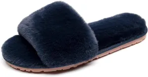 Women's Fuzzy Fluffy Furry Fur Slippers Flip Flop Open Toe Cozy House Memory Foam Sandals Slides Soft Flat Comfy Anti-Slip Spa Indoor Outdoor Slip on