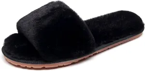 Women's Fuzzy Fluffy Furry Fur Slippers Flip Flop Open Toe Cozy House Memory Foam Sandals Slides Soft Flat Comfy Anti-Slip Spa Indoor Outdoor Slip on