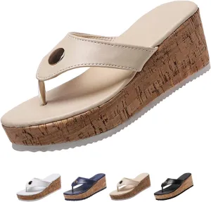 Women's Leather Platform Clip Toe Flip Flops with Arch Support Summer Casual Anti-Slip Orthopedic Wedges Walking Sandals Beach Flip