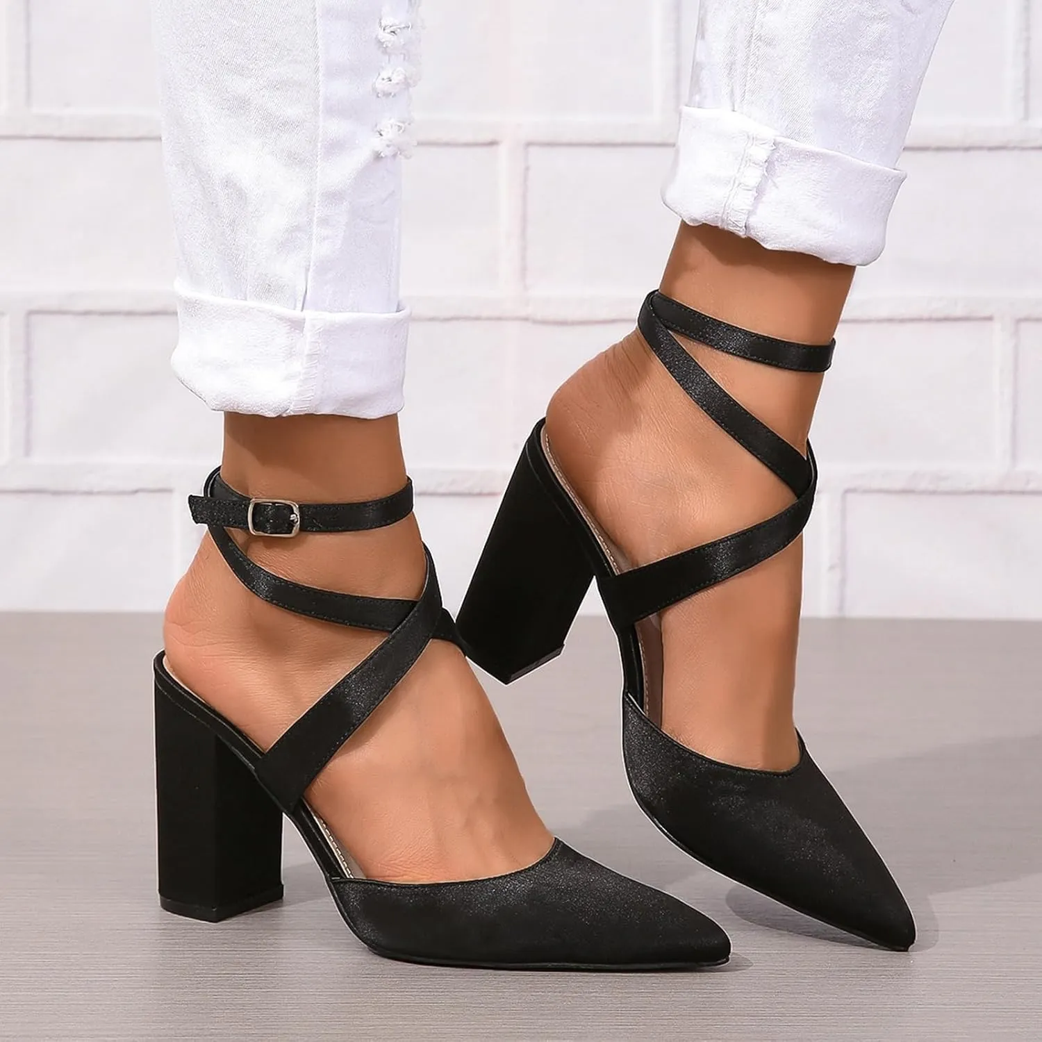 Women's Poined Toe Satin Wedding Shoes for Bride Block Heel Bridal Shoes Cross Strap Proming Evening Dress Pumps