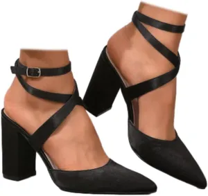 Women's Poined Toe Satin Wedding Shoes for Bride Block Heel Bridal Shoes Cross Strap Proming Evening Dress Pumps