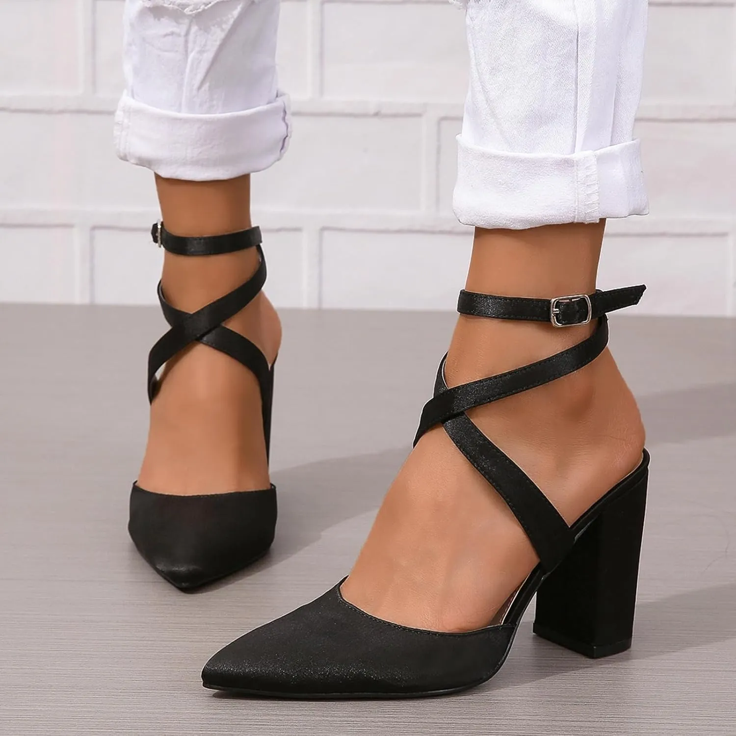 Women's Poined Toe Satin Wedding Shoes for Bride Block Heel Bridal Shoes Cross Strap Proming Evening Dress Pumps