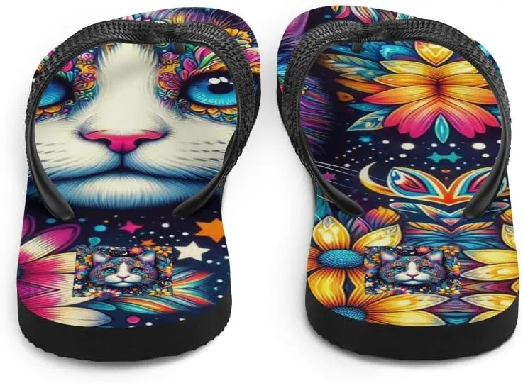 Women's Psychedelic Flowery Boho Cat Print Luxe Flip-Flops