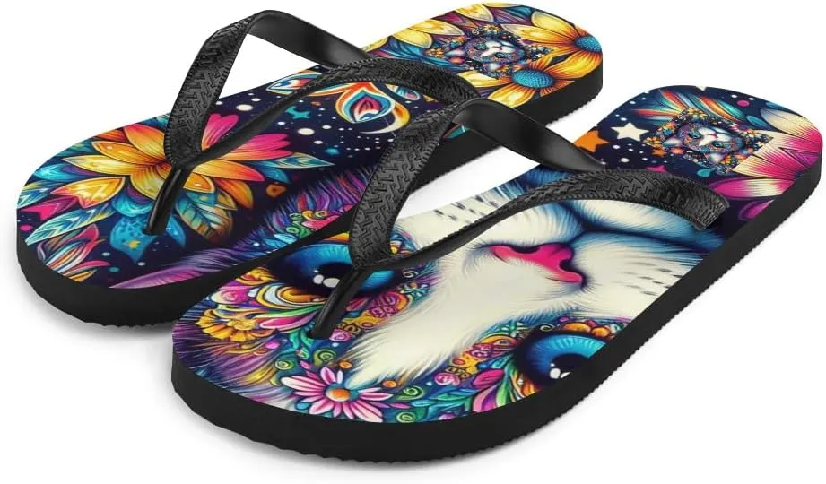 Women's Psychedelic Flowery Boho Cat Print Luxe Flip-Flops