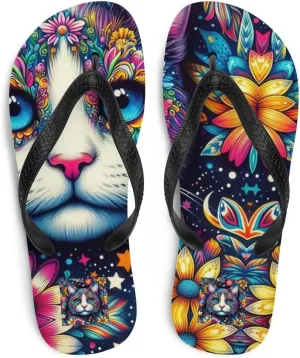 Women's Psychedelic Flowery Boho Cat Print Luxe Flip-Flops