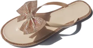 Womens Shiny Rhinestone Bowknot Flat Flip-Flops Colorful Jewelry Rhinestones Sequins Sandals Summer Beach Jelly Clip Toe Slippers Shoes