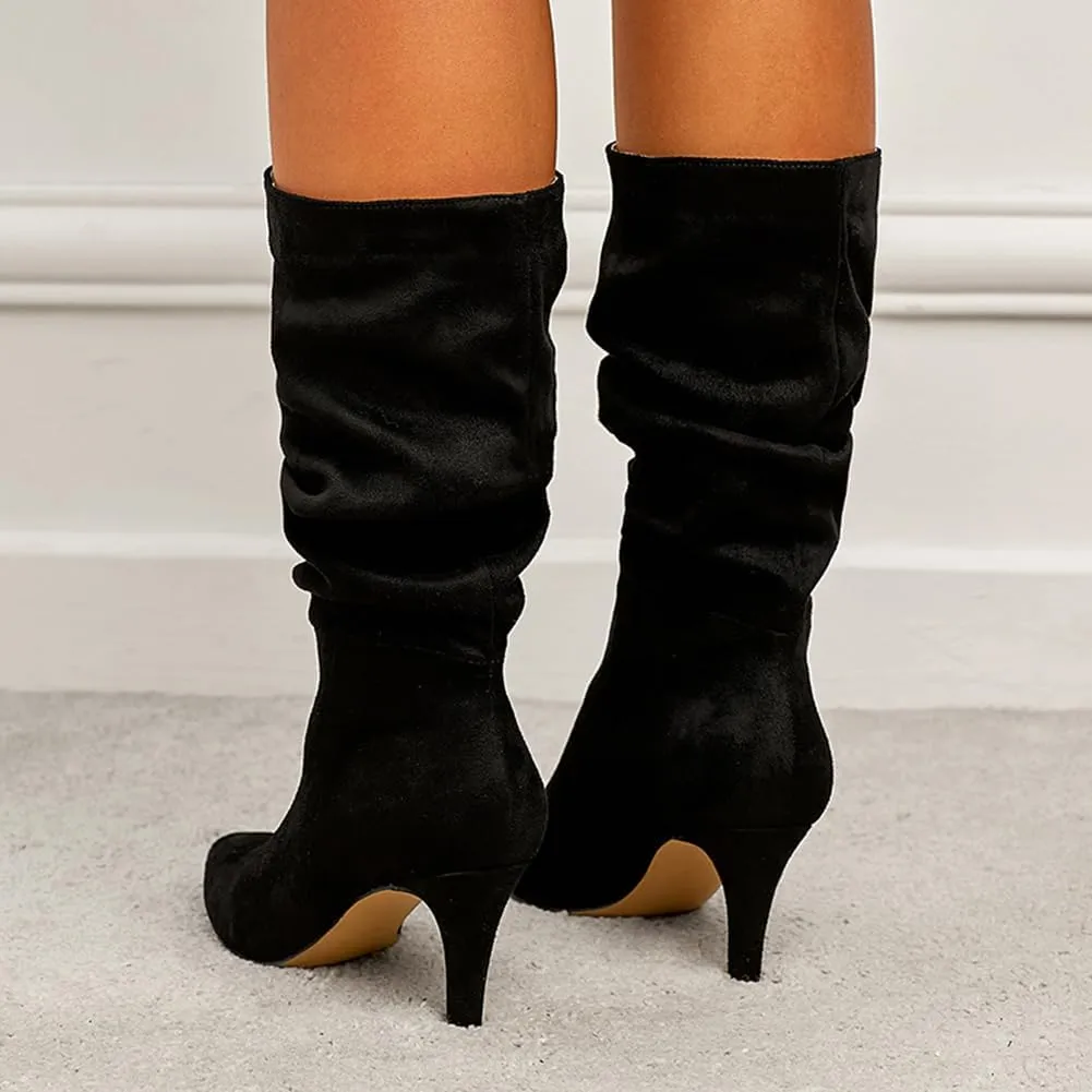 Women's Slouch Mid Calf Boots Stiletto Heel Mid High Suede Boots